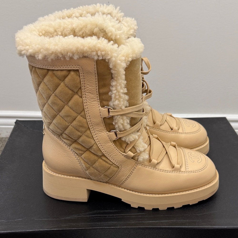 CHANEL Beige Shearling Lace-Up Winter Boots